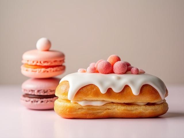 A beautifully decorated éclair or macaron, a signature pastry